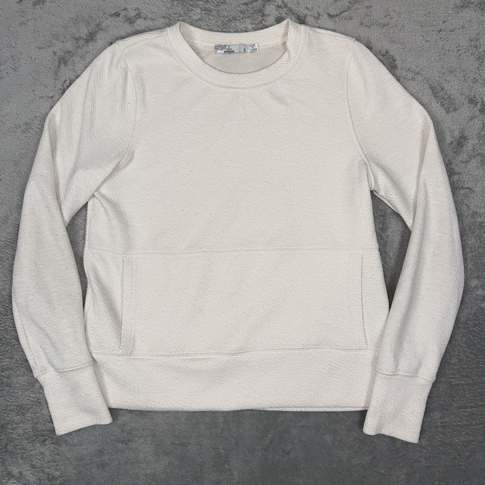 Prana Sweatshirt Womens Small Cream Pullover Sunrise Crewneck Pocket Textured